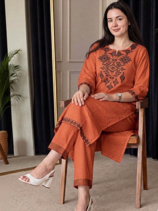 Rust Orange Geometric Embroidered Kurta Pant Set for Women