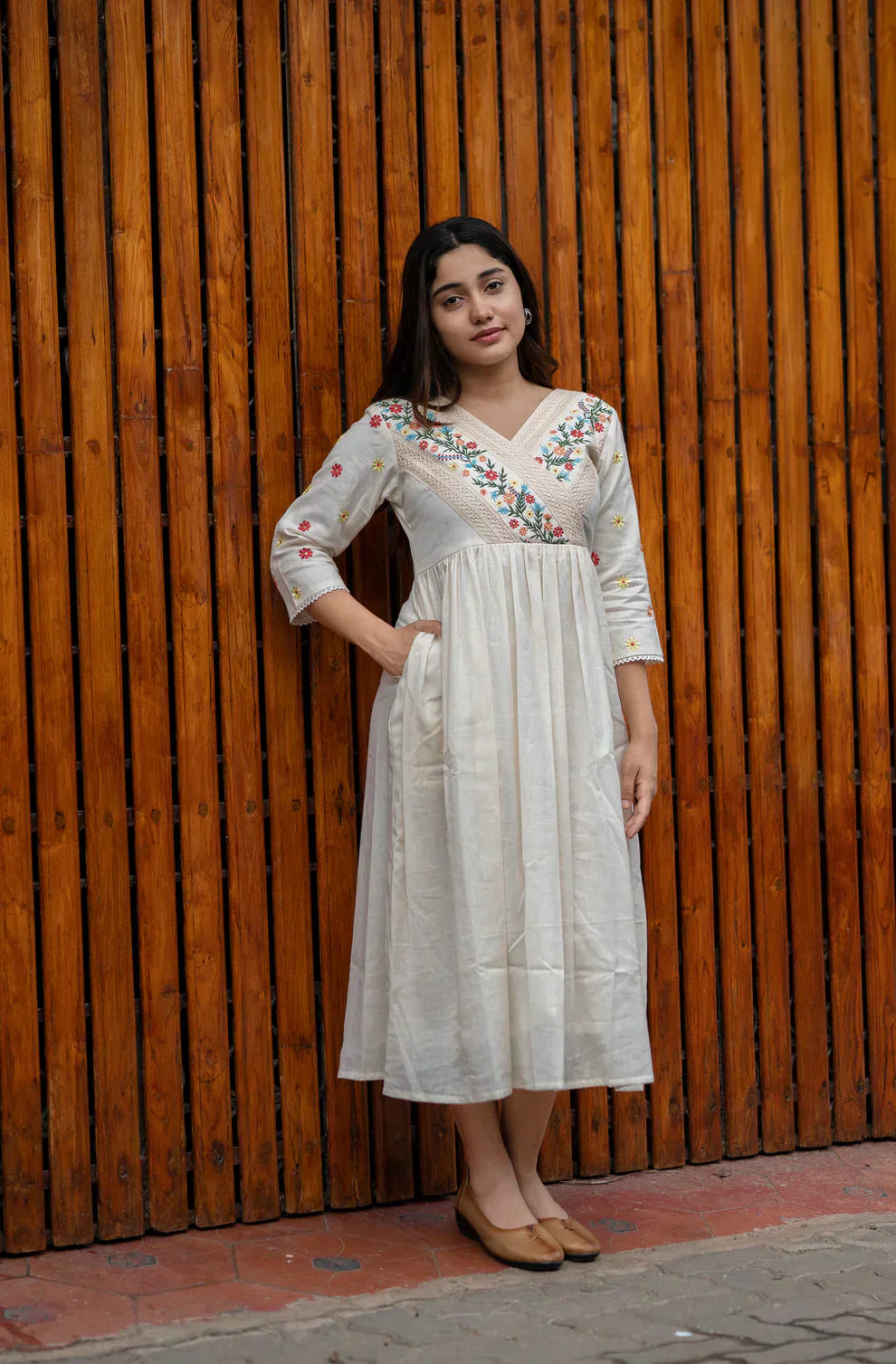 Libas Off White Cotton Kurti/ Dress With Floral Embroidery And Crochet Lace Detailings