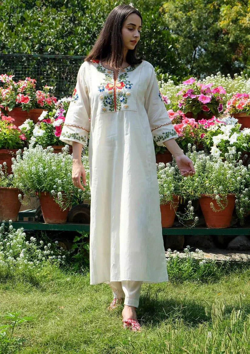 Libas Off White Embroidered Cotton Kurta And Pant Set
