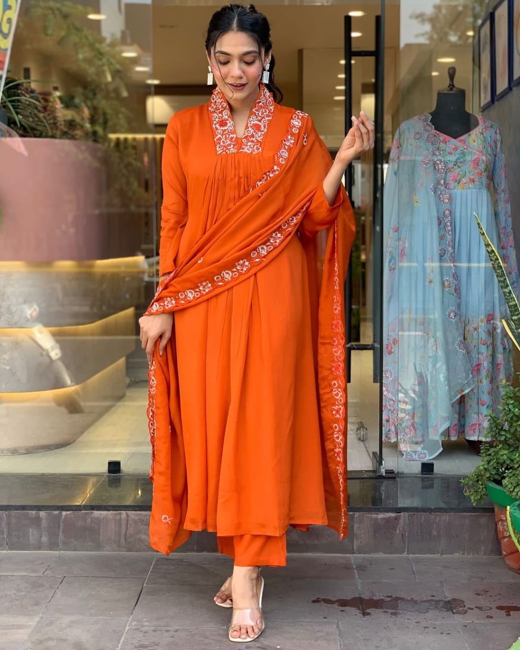 Libas Beautiful Cotton Fabric Kurti Pant With Malmal Dupatta(Orange)