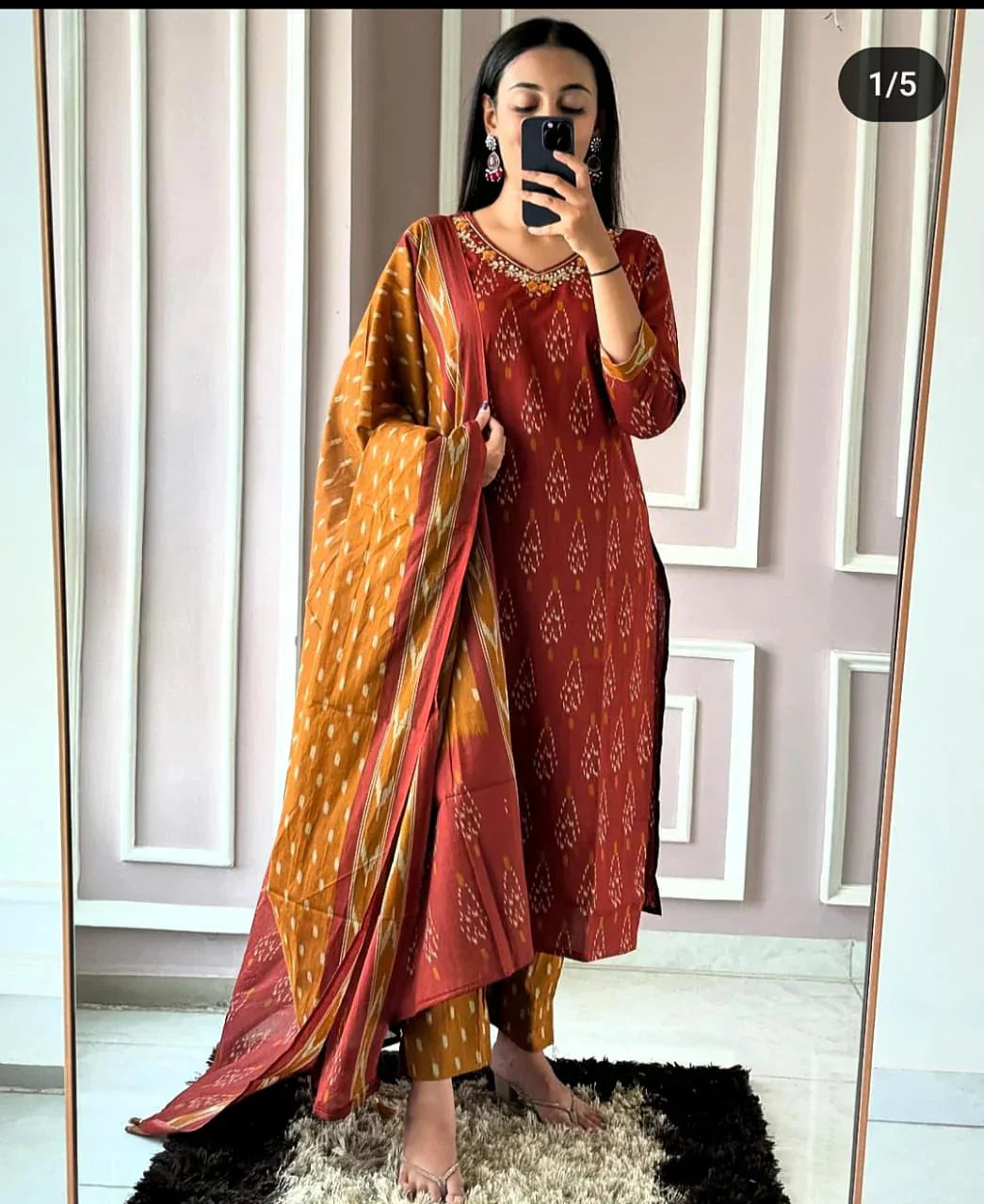 Libas Ikkat Print With Kurti Pant & Dupatta Set For Women