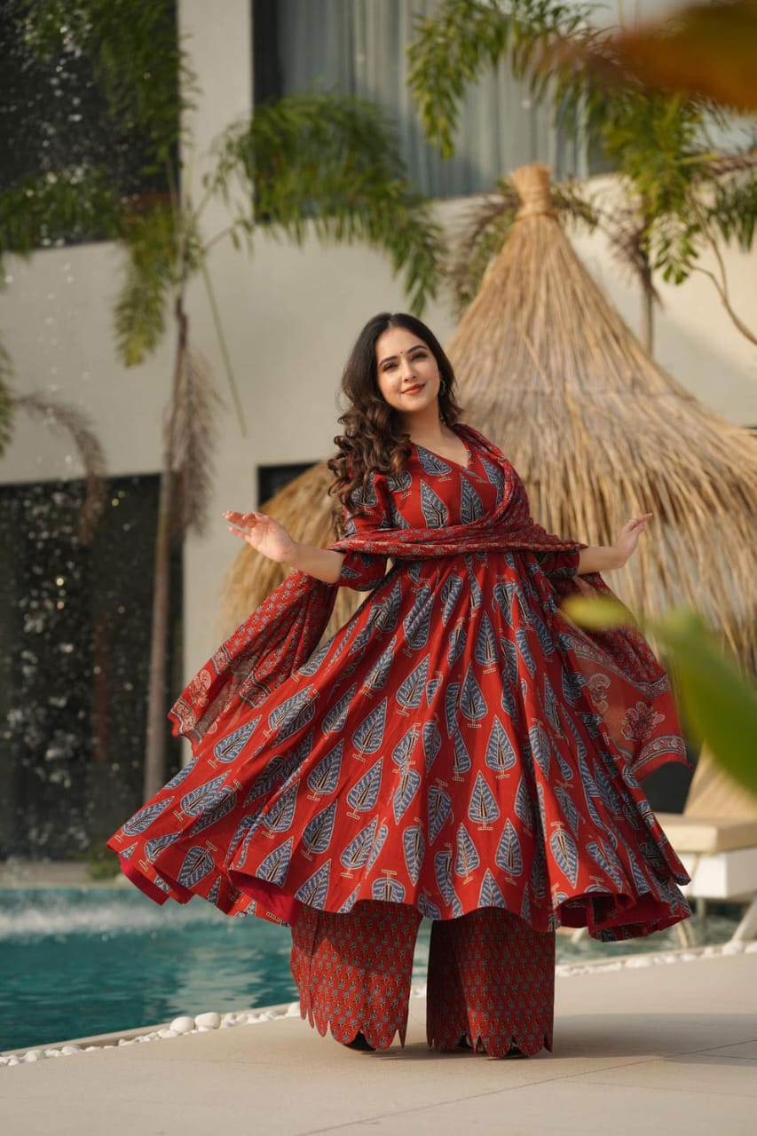 Libas Graceful Maroon Ethnic Set With Blue Leaf Block Print