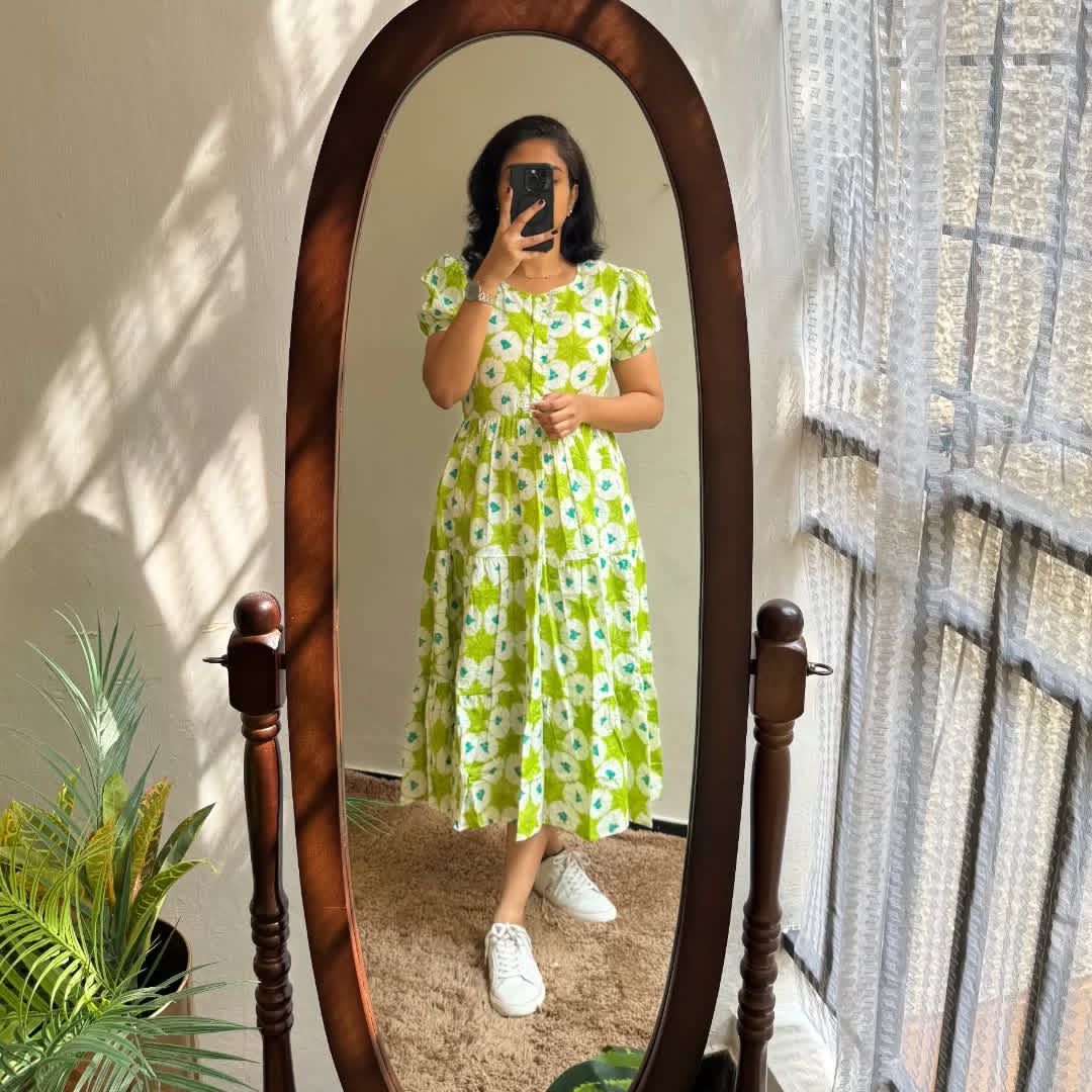 Libas Fresh Lime Green Floral Puff-Sleeve Midi Dress