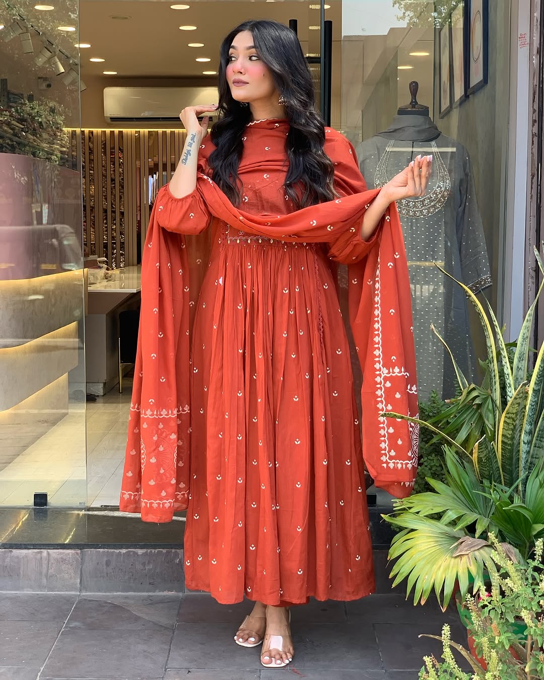 Libas Vibrant Rust Anarkali Suit with Embroidered Dupatta