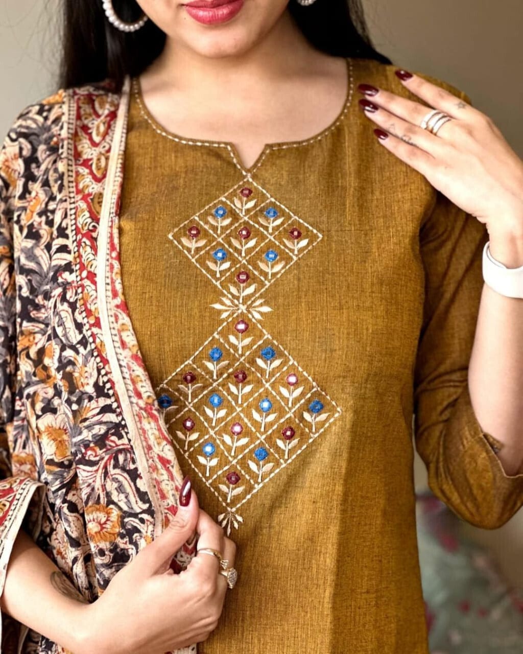 Libas Mustard Brown Embroidered Kurta Set With Floral Dupatta