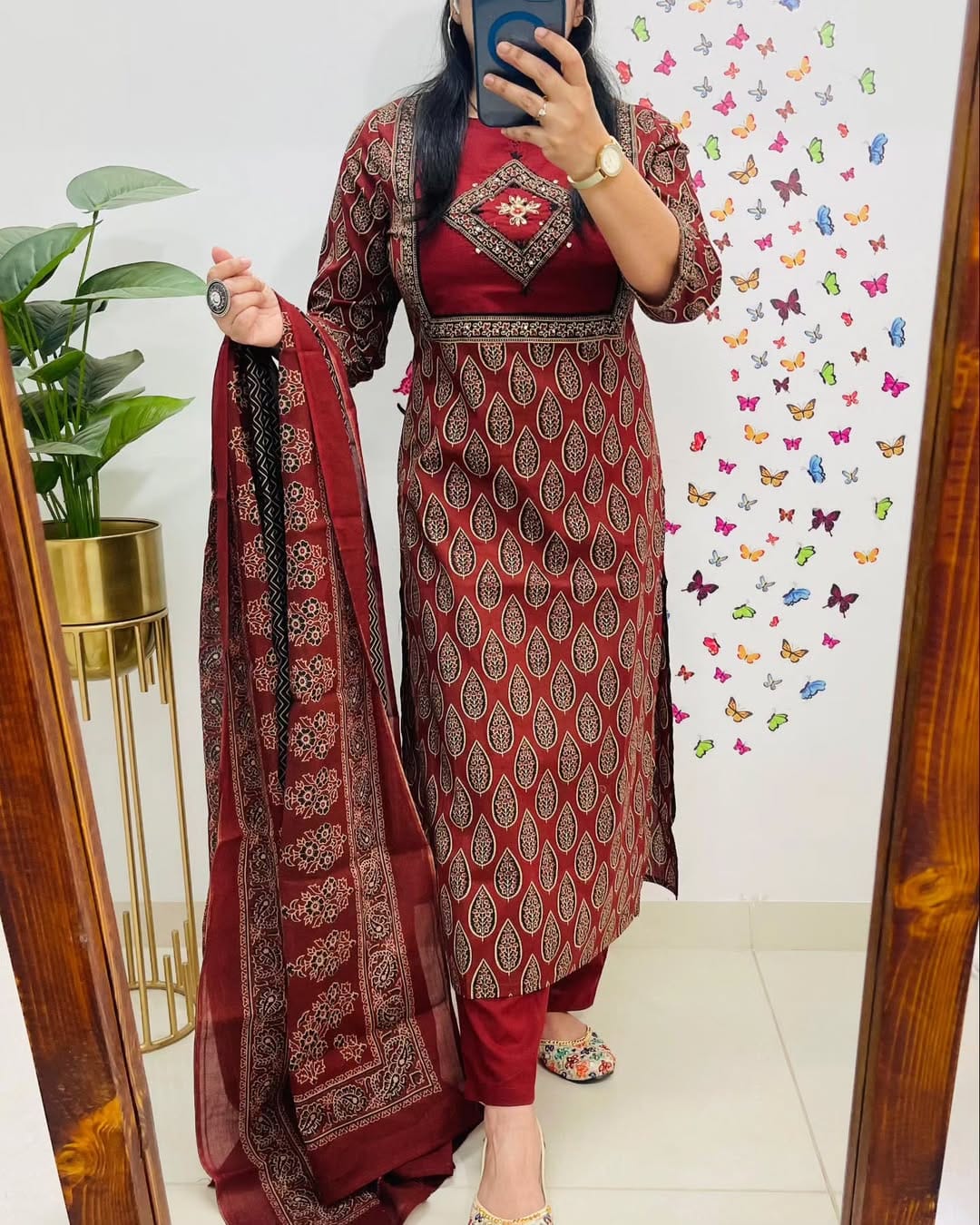 Libas Elegant Maroon Block Print Cotton Suit Set