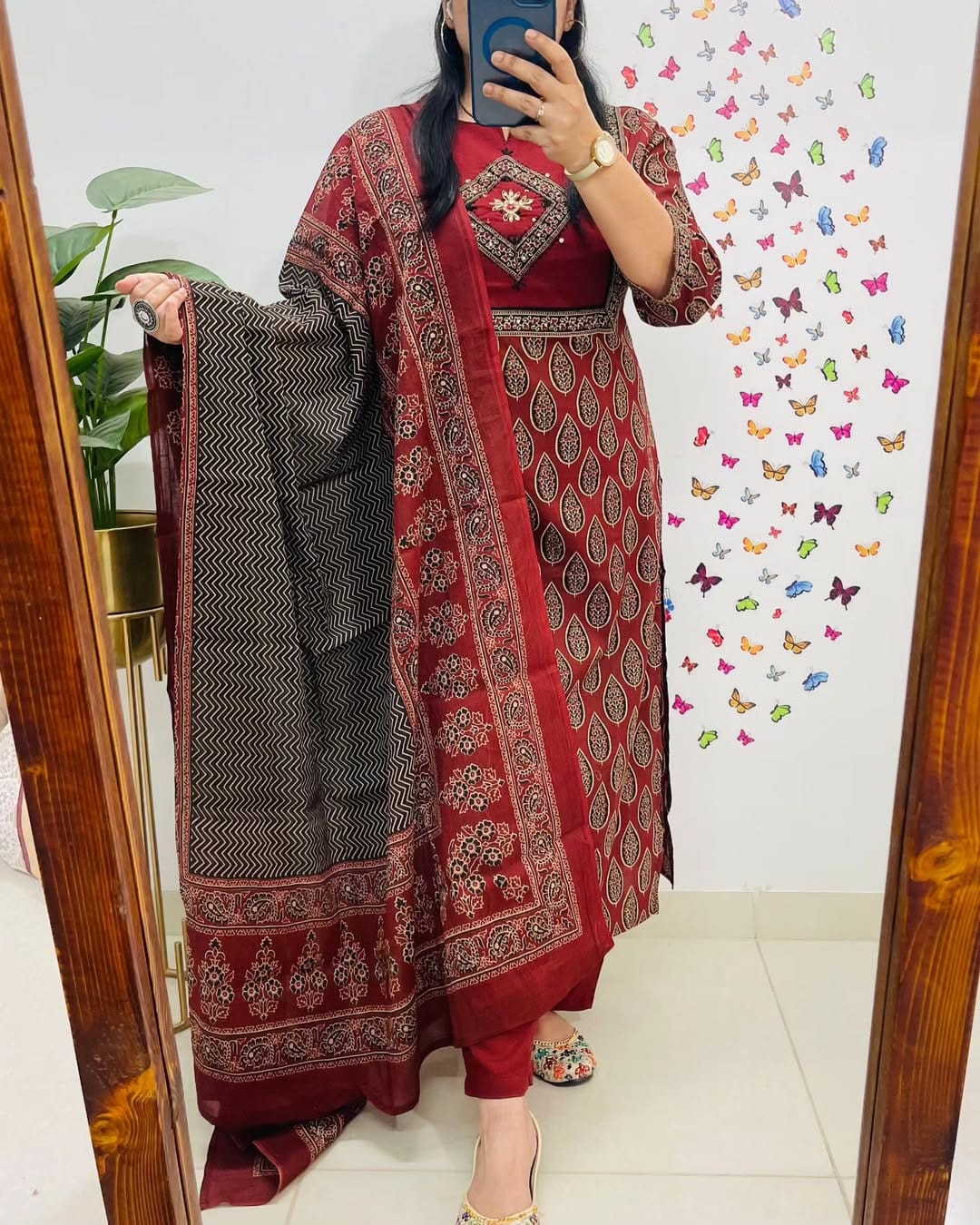 Libas Elegant Maroon Block Print Cotton Suit Set