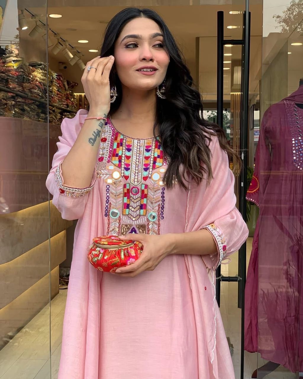 Libas Blush Pink Kurta Set With Colorful Embroidered Yoke And Dupatta