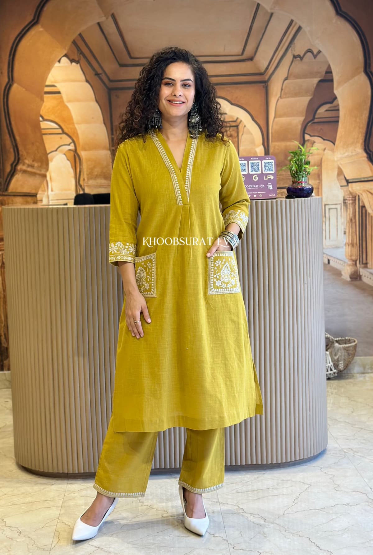 Libas Mustard Yellow Embroidered Cotton Kurta Set
