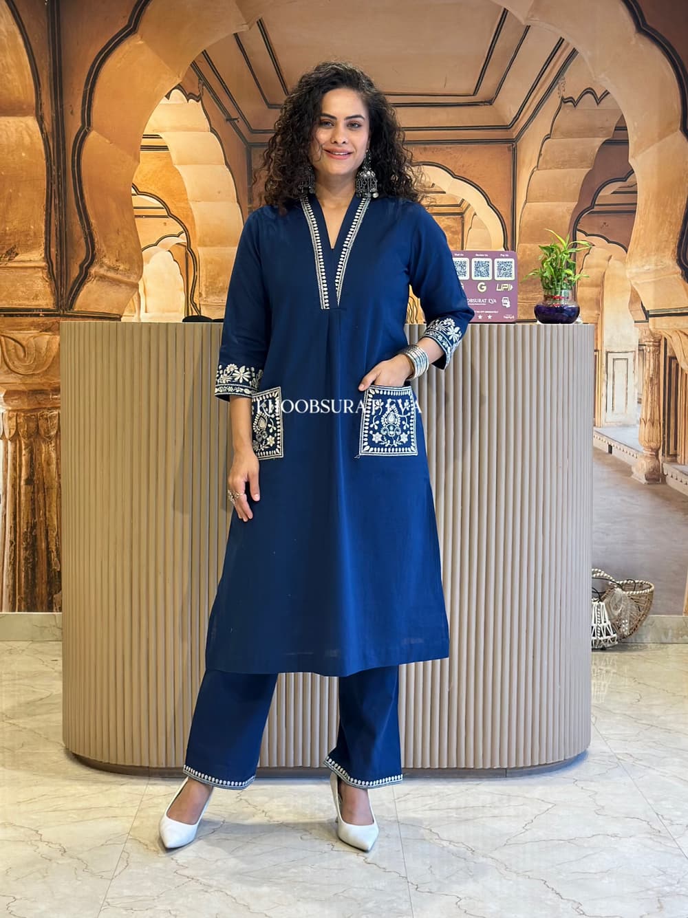 Libas Navy Blue Cotton Kurta Set With Embroidered Detailing