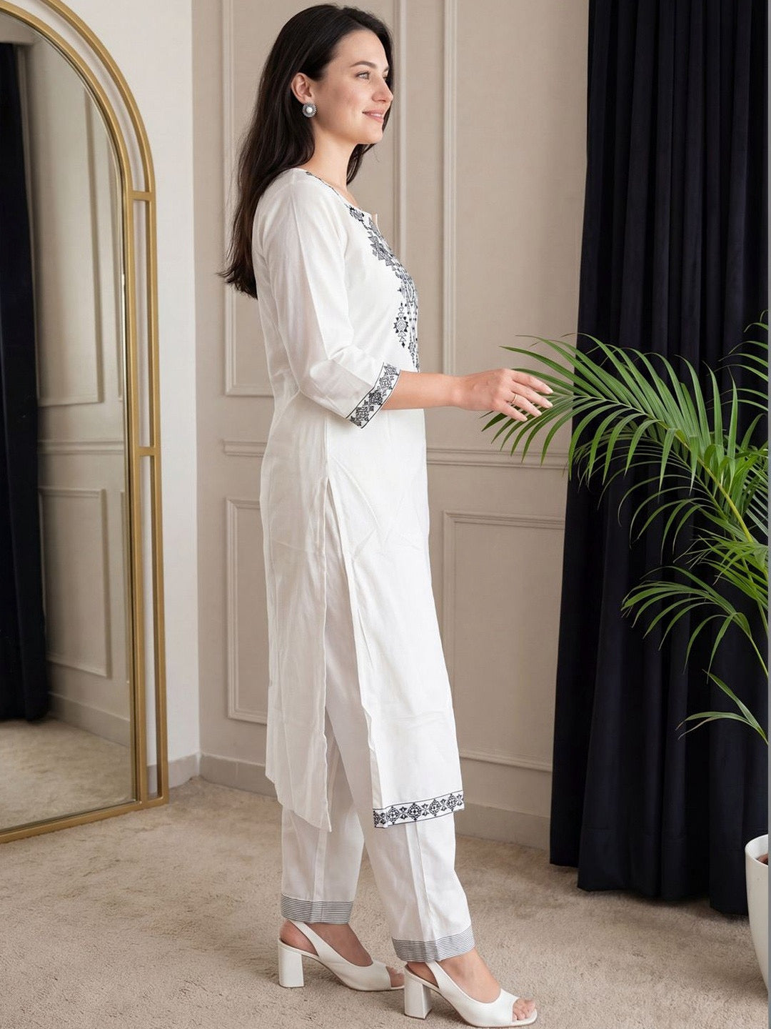 White Geometric Embroidered Kurta Pant Set for Women