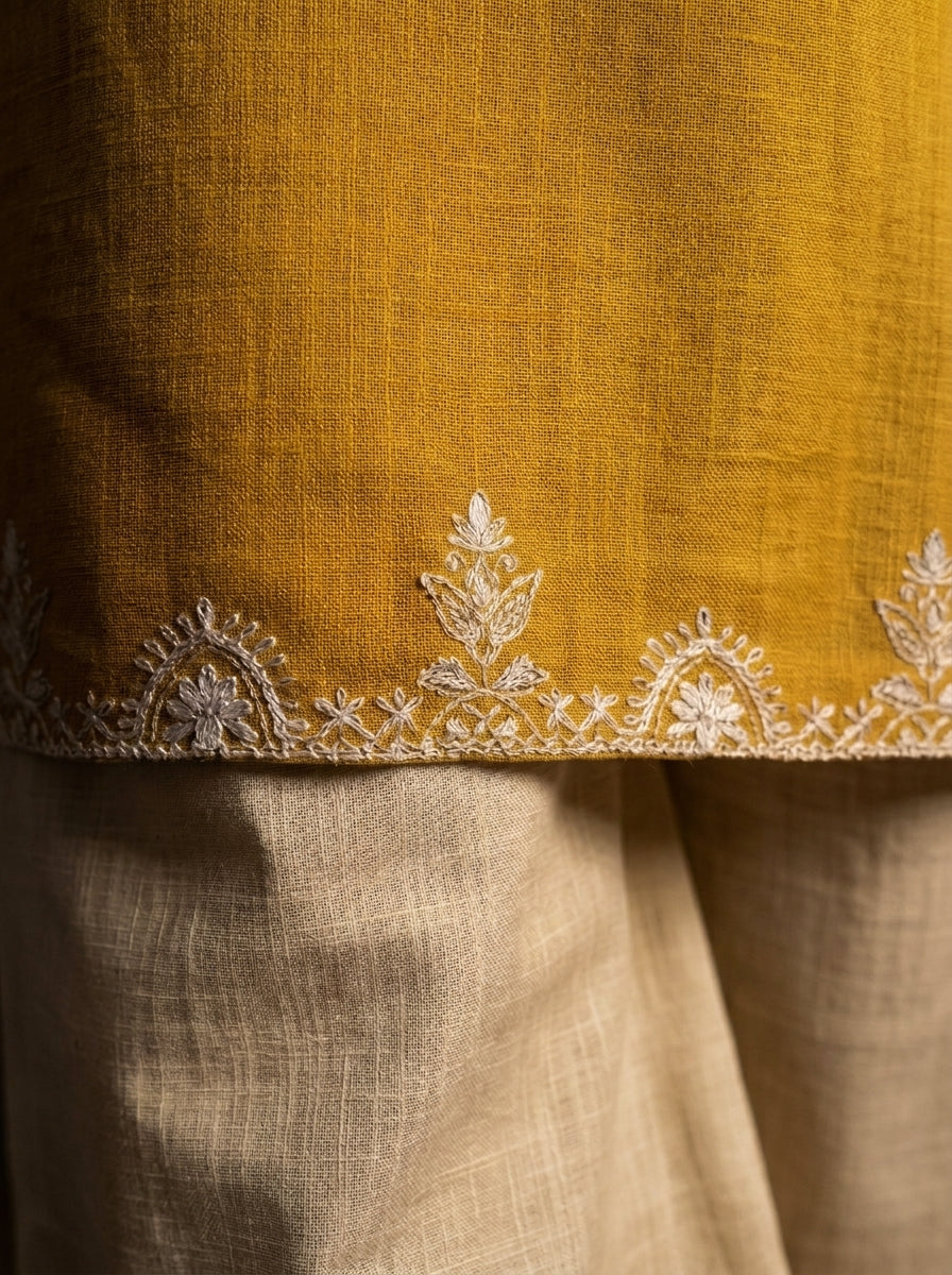 Yellow Cotton Embroidered Kurta Set with Palazzo Pants