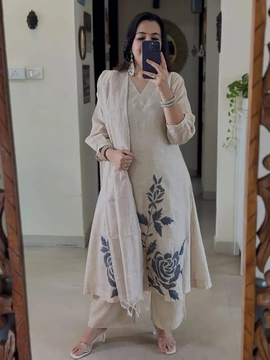 Beige Floral Printed Kurta Pant Set