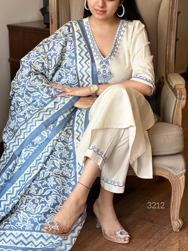 Libas White Cotton Suit with Blue Embroidery and Printed Dupatta