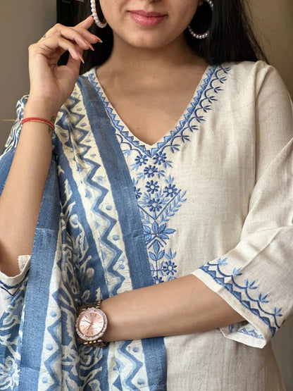 Libas White Cotton Suit with Blue Embroidery and Printed Dupatta