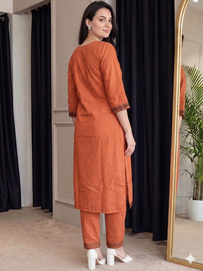 Rust Orange Geometric Embroidered Kurta Pant Set for Women