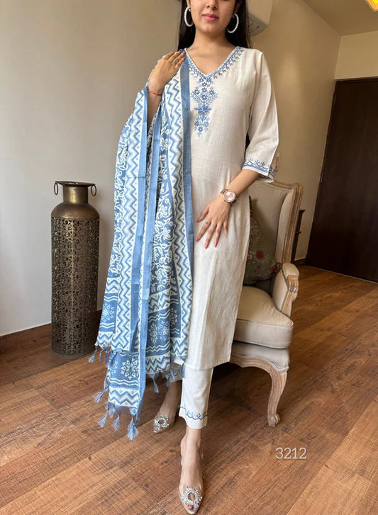 Libas White Cotton Suit with Blue Embroidery and Printed Dupatta