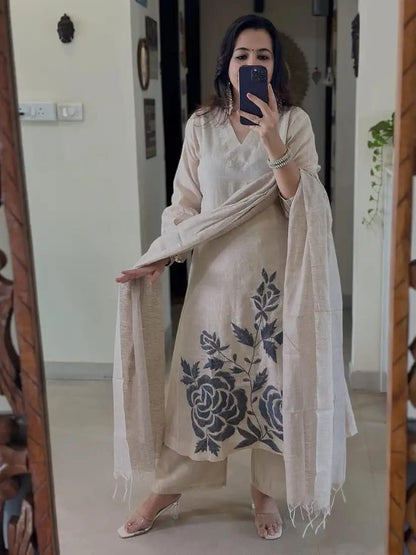 Beige Floral Printed Kurta Pant Set