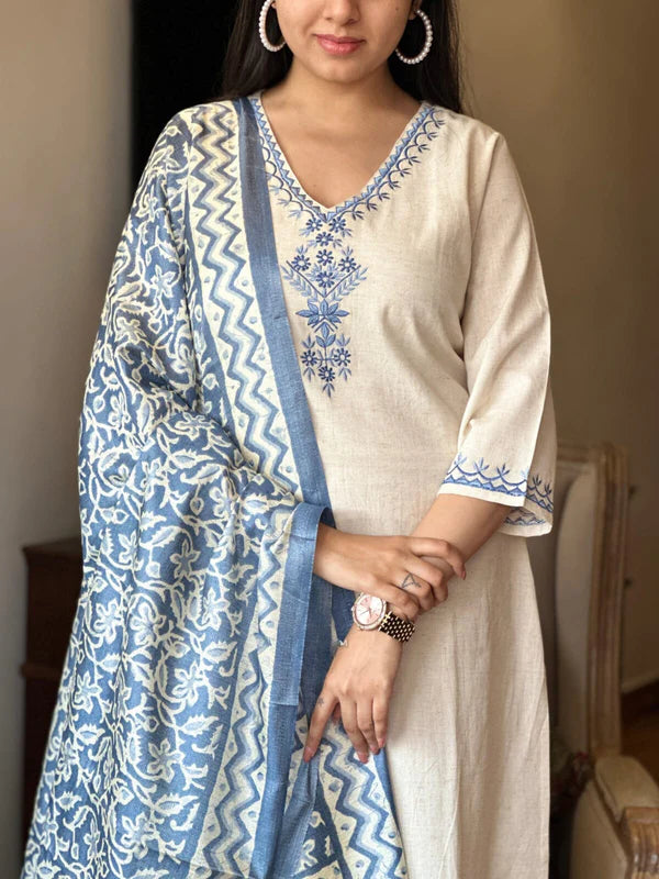 Libas White Cotton Suit with Blue Embroidery and Printed Dupatta