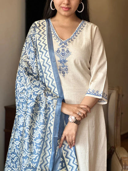 Libas White Cotton Suit with Blue Embroidery and Printed Dupatta