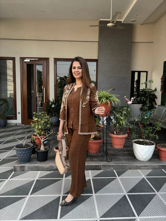 Elegant Brown Embroidered Co-Ord Set for Women | Premium Ethnic Fusion Wear