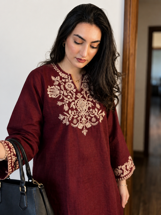 Maroon Embroidered Cotton Kurta Set With Palazzo Pants for Women
