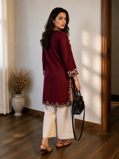 Maroon Embroidered Cotton Kurta Set With Palazzo Pants for Women