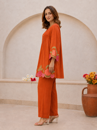 Orange Embroidered Cotton Co-Ord Set With Pants for Women