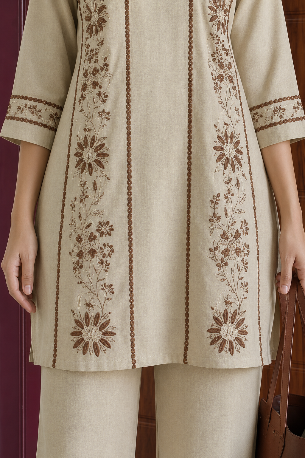 Beige Embroidered Cotton Co-Ord Set With Pants for Women