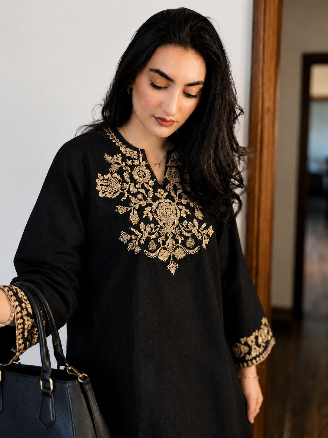 Black Embroidered Cotton Kurta Set With Palazzo Pants for Women