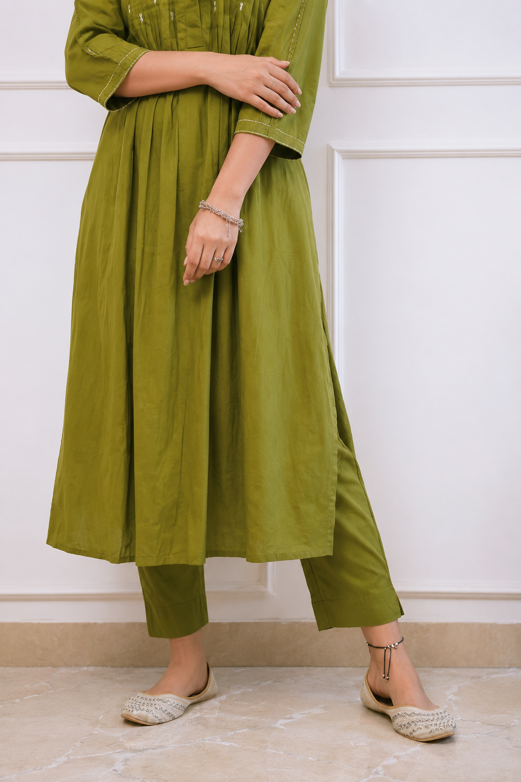 Olive Green Embroidered Cotton Kurta Set With Pants for Women
