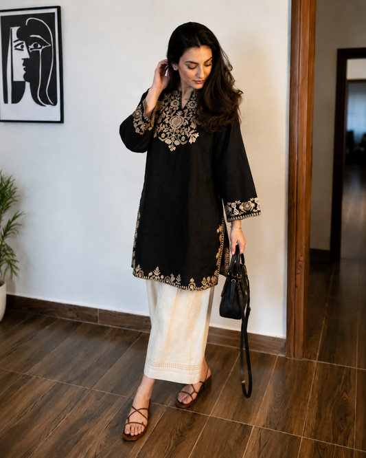 Black Embroidered Cotton Kurta Set With Palazzo Pants for Women