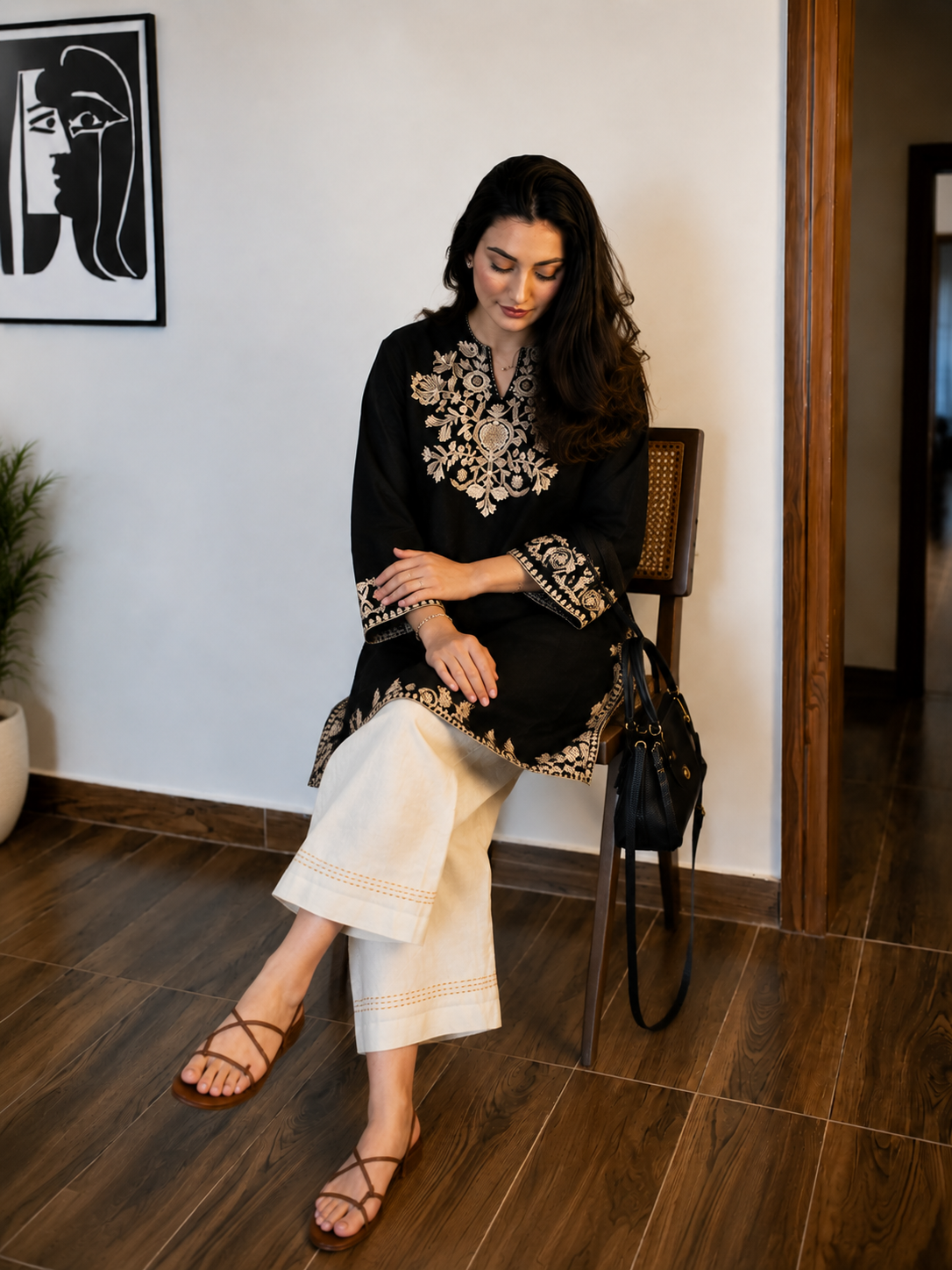 Black Embroidered Cotton Kurta Set With Palazzo Pants for Women