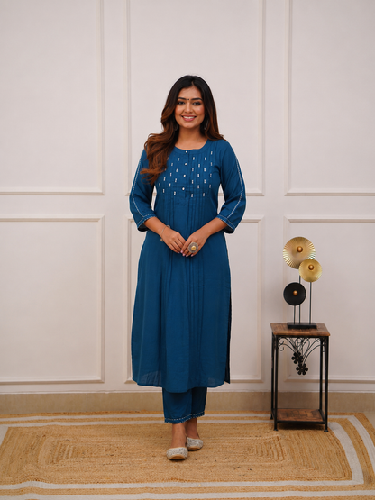 Royal Blue Embroidered Cotton Kurta Set With Pants for Women