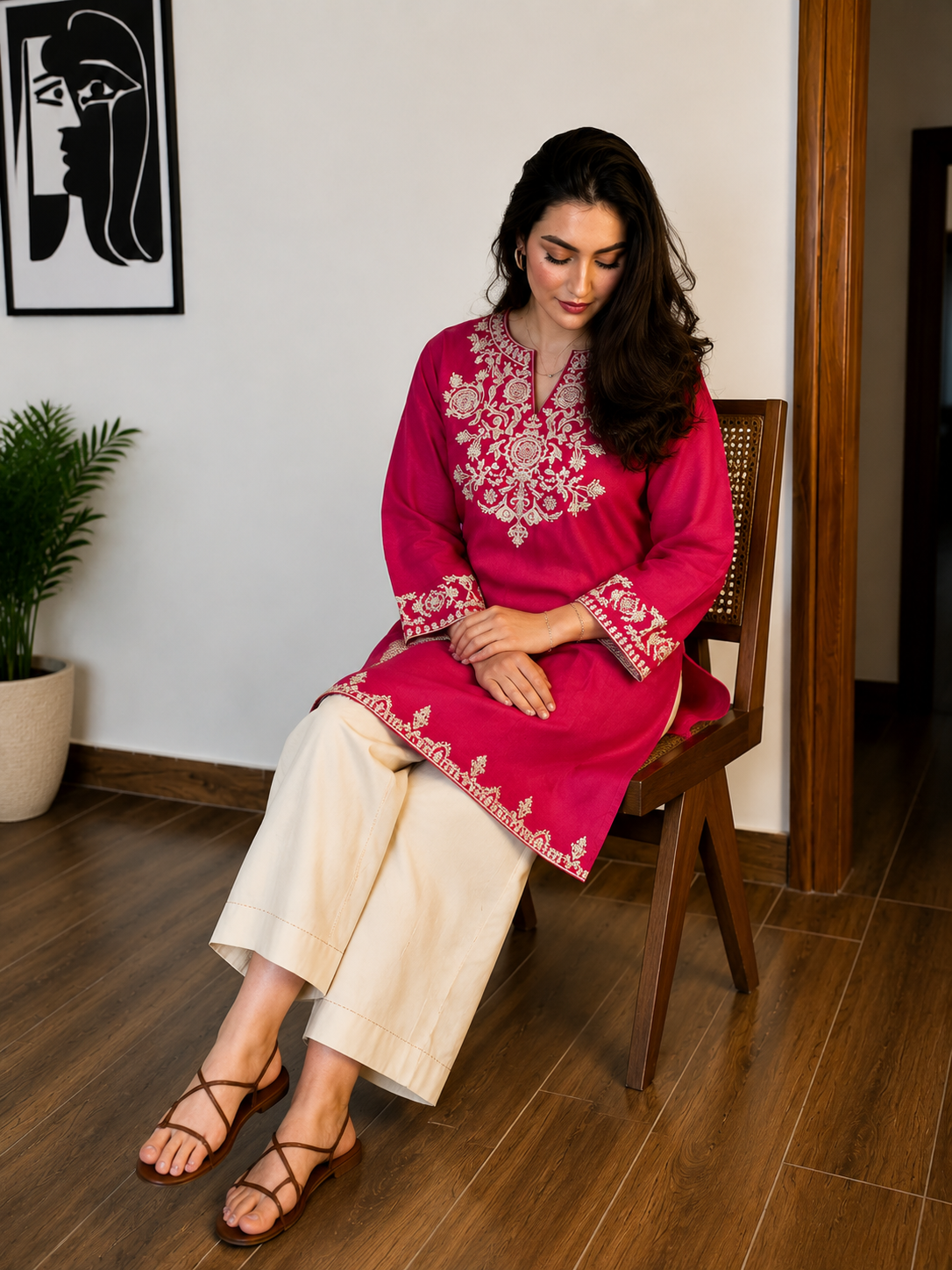 Pink Cotton Embroidered Kurta Set with Palazzo Pants