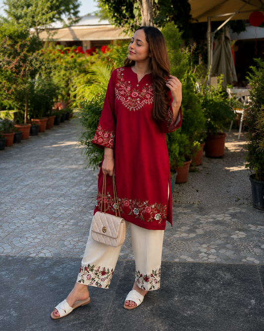 Maroon Floral Embroidered Cotton Co-Ord Set for Women