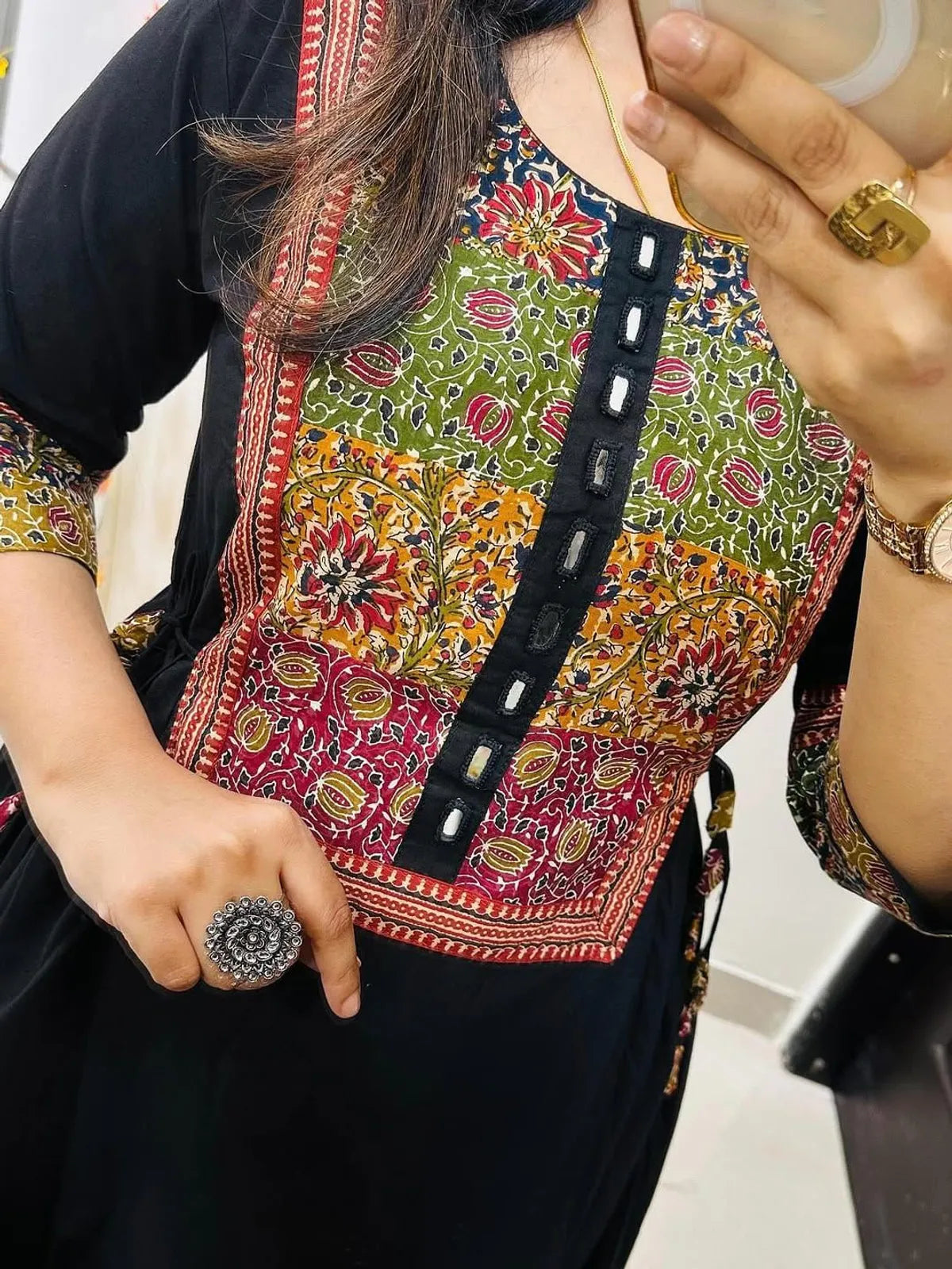 Women’s Black Embroidered Cotton Anarkali Kurta Pant Set