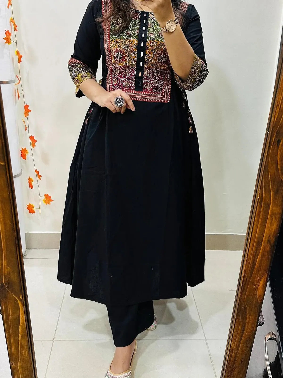 Women’s Black Embroidered Cotton Anarkali Kurta Pant Set