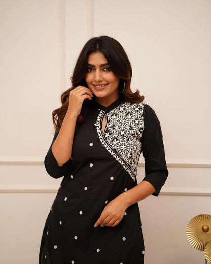 Libas Kurta Black Embroidered Cotton Straight Kurta Set