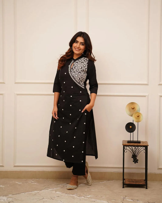 Libas Kurta Black Embroidered Cotton Straight Kurta Set