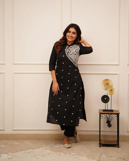 Libas Kurta Black Embroidered Cotton Straight Kurta Set