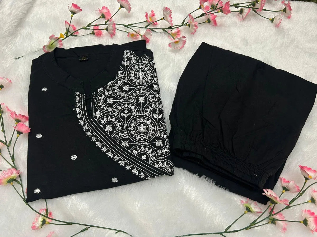 Libas Kurta Black Embroidered Cotton Straight Kurta Set