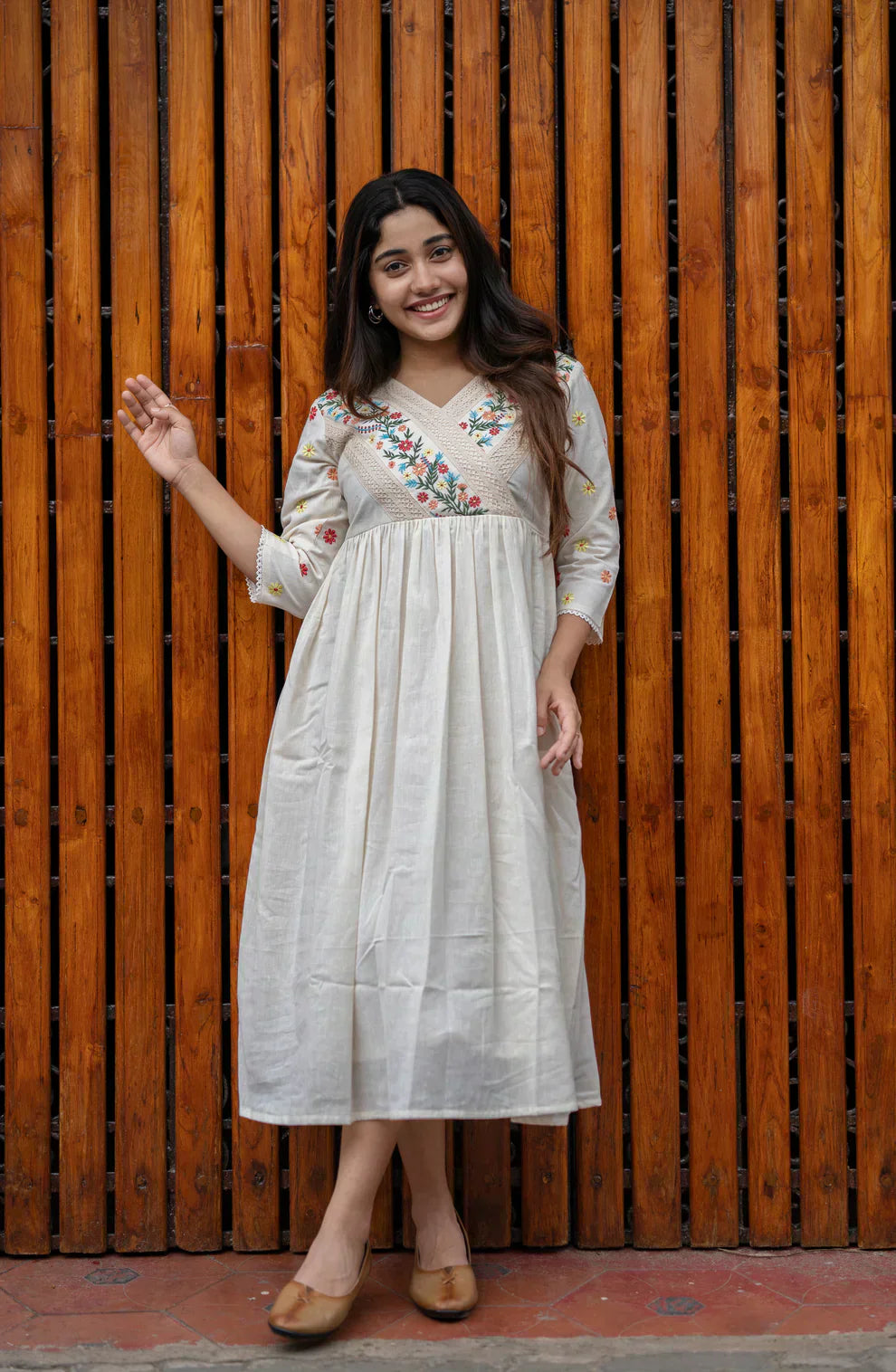 Libas Off White Cotton Kurti/ Dress With Floral Embroidery And Crochet Lace Detailings