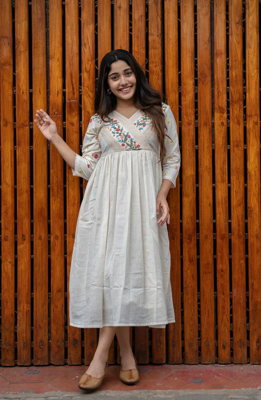 Libas Off White Cotton Kurti/ Dress With Floral Embroidery And Crochet Lace Detailings