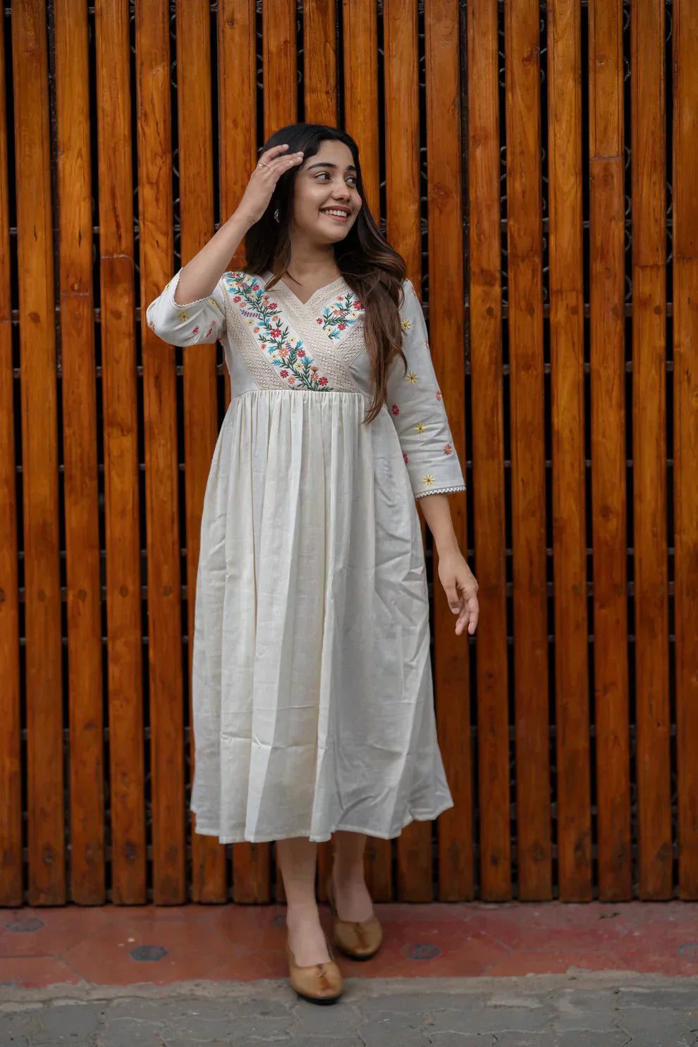 Libas Off White Cotton Kurti/ Dress With Floral Embroidery And Crochet Lace Detailings