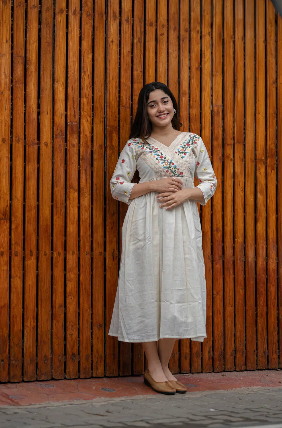 Libas Off White Cotton Kurti/ Dress With Floral Embroidery And Crochet Lace Detailings