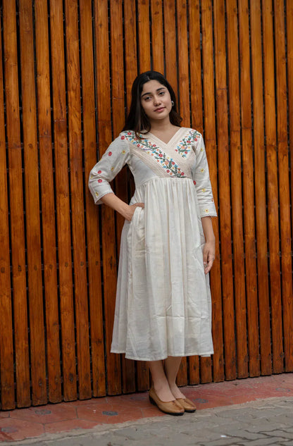 Libas Off White Cotton Kurti/ Dress With Floral Embroidery And Crochet Lace Detailings