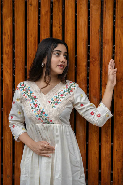 Libas Off White Cotton Kurti/ Dress With Floral Embroidery And Crochet Lace Detailings