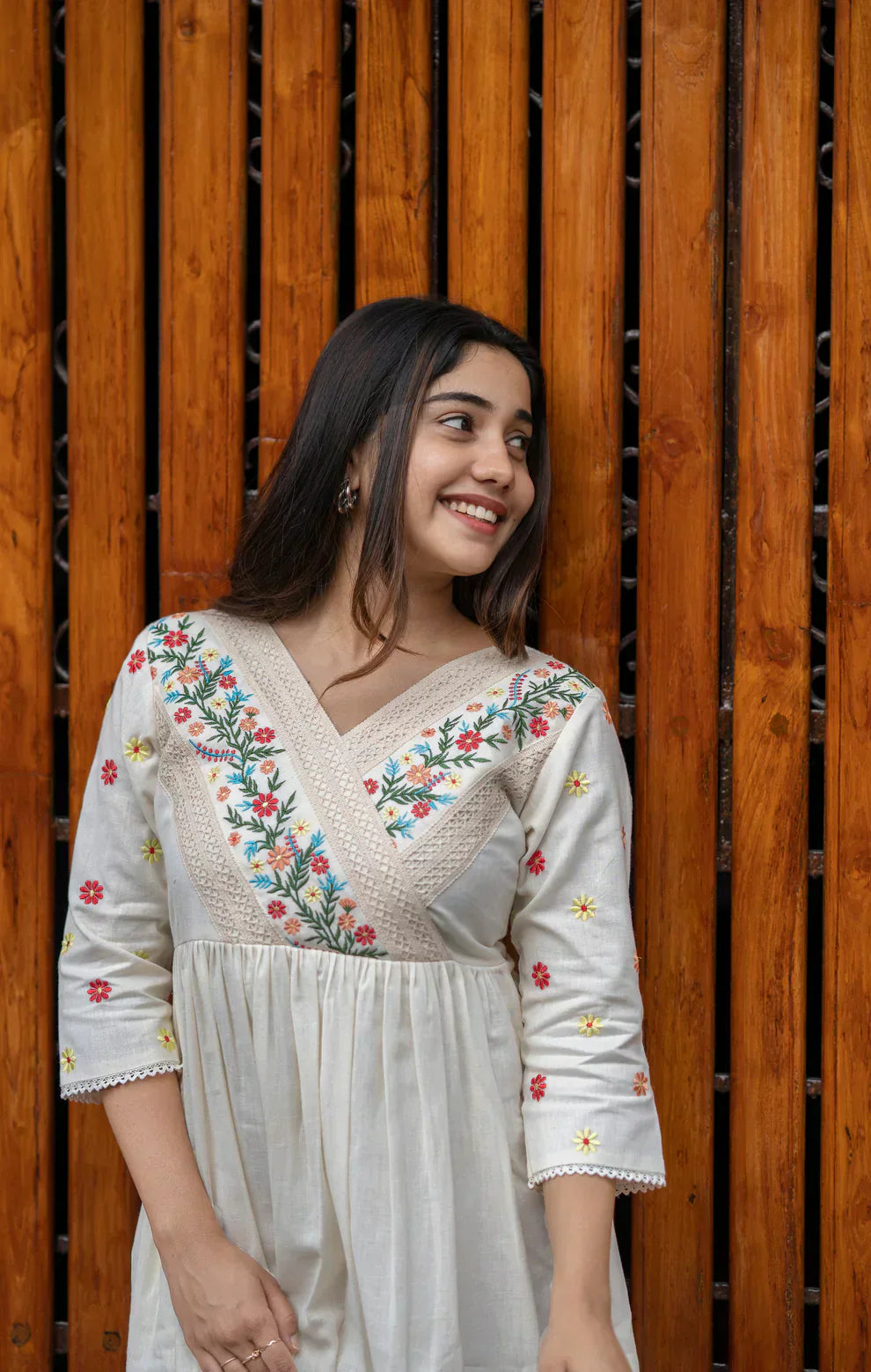 Libas Off White Cotton Kurti/ Dress With Floral Embroidery And Crochet Lace Detailings