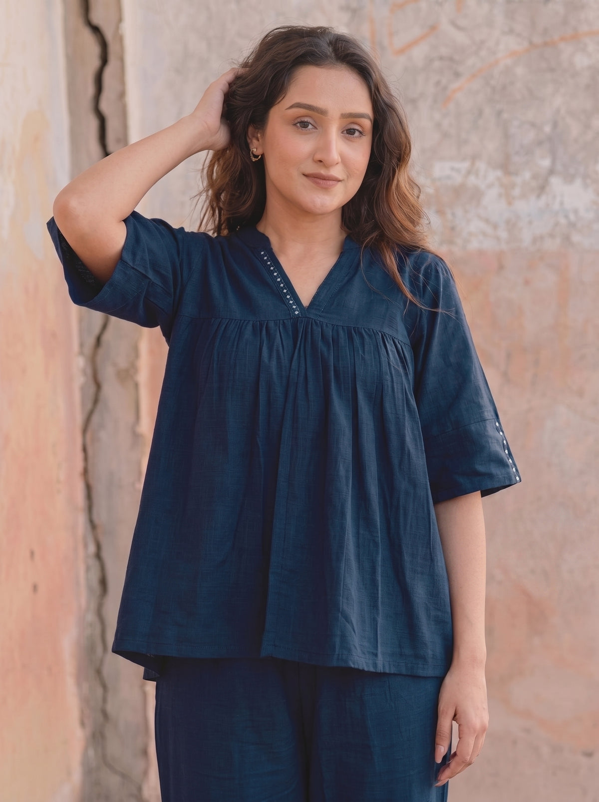 Navy Blue Cotton Co-Ord Set for Women